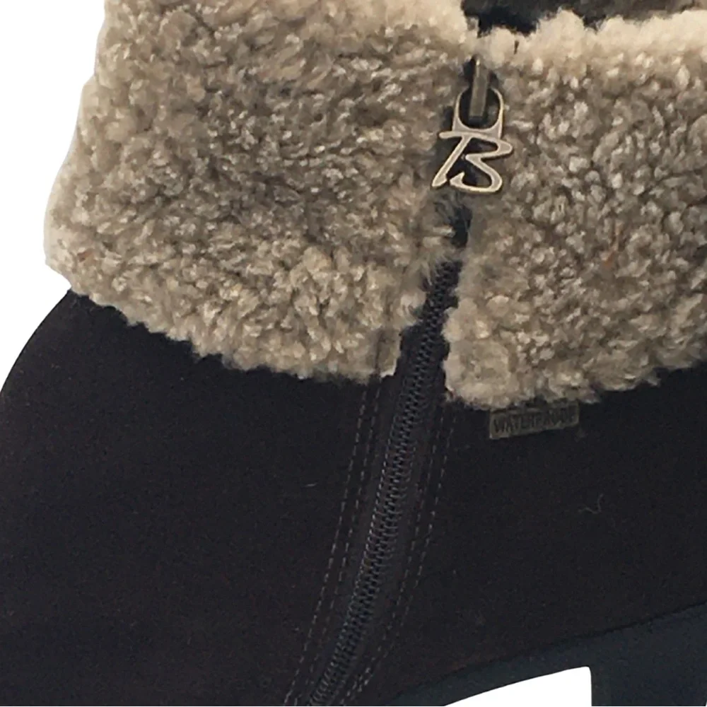 Brilliant Brown Suede Waterproof Faux Fur Heeled Ankle Boots size 9